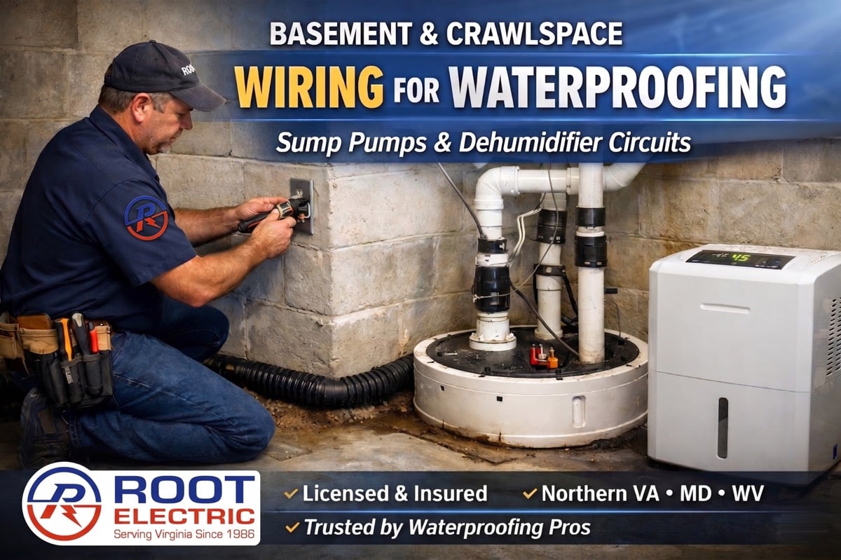 Basement Waterproofing Electrical Wiring – Sump Pump Circuit Installation Northern VA Electrician installing dedicated sump pump circuit and GFCI outlet in basement waterproofing system in Northern Virginia