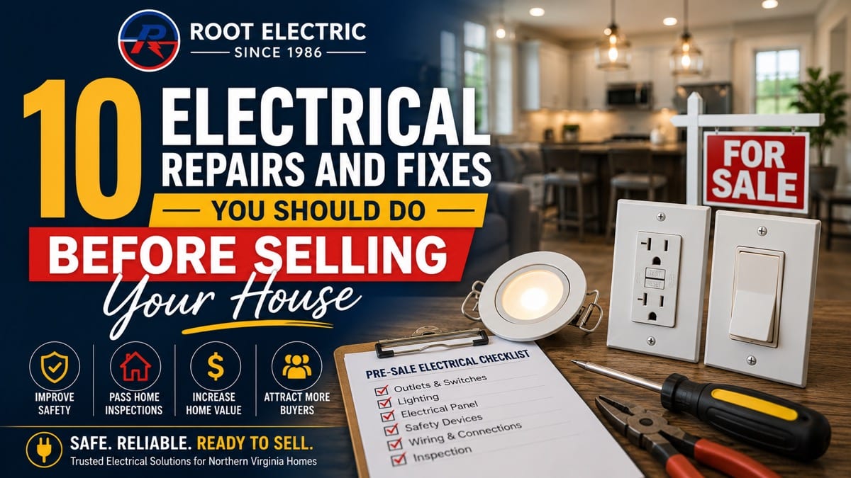 10 electrical repairs and fixes homeowners should do before selling a house in Northern Virginia including outlet replacement, lighting upgrades, and electrical inspections
