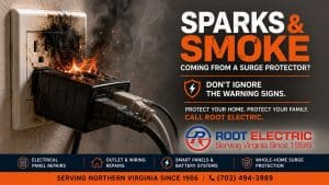 Burning surge protector with sparks and smoke near electrical outlet in a Northern Virginia home showing emergency electrical hazard inspected by Root Electric electricians