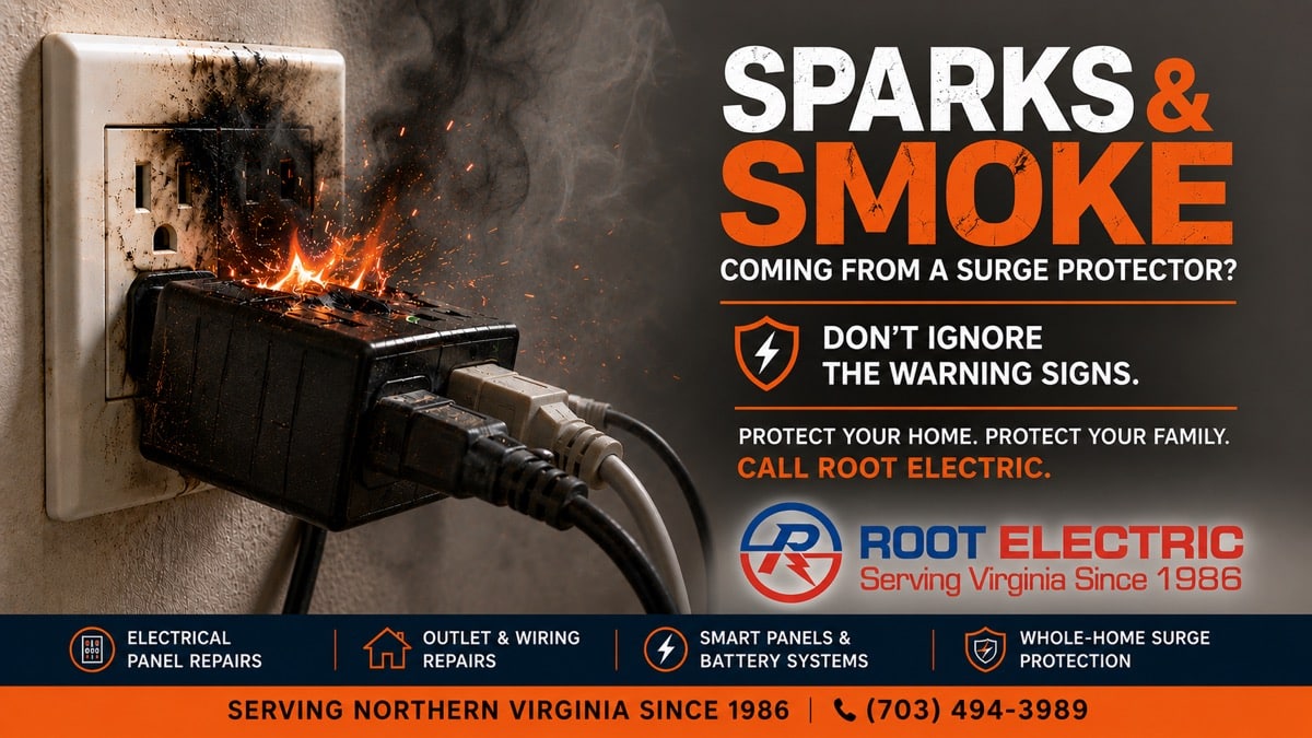 Burning surge protector with sparks and smoke near electrical outlet in a Northern Virginia home showing emergency electrical hazard inspected by Root Electric electricians