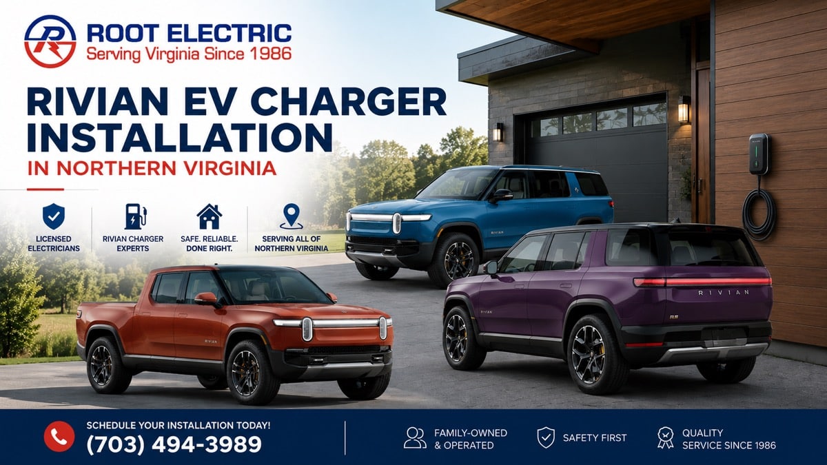 Rivian EV Charger Installation in Northern Virginia | Root Electric Root Electric Rivian EV charger installation service in Northern Virginia featuring Rivian R1T and R1S electric vehicles with home charging station